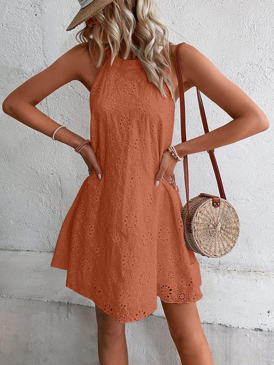 Eyelet Grecian Neck Mini Dress Carauana Store