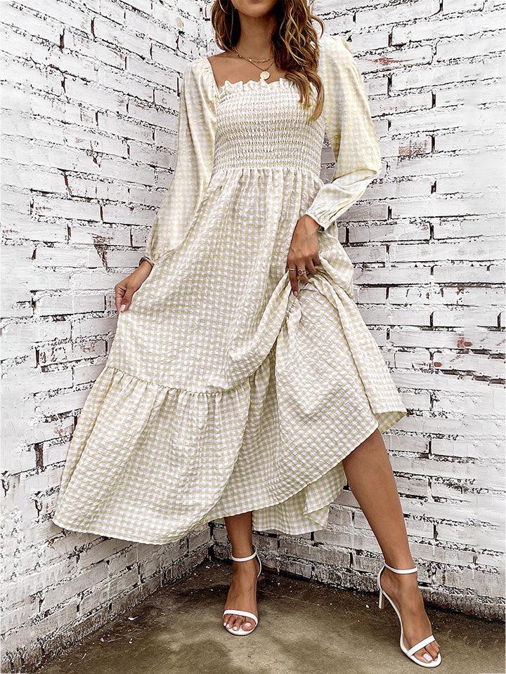 Smocked Square Neck Long Sleeve Dress Carauana Store