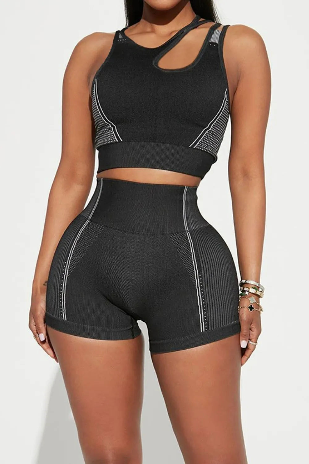 Asymmetrical Neck Striped Tank and Shorts Active Set Carauana Store