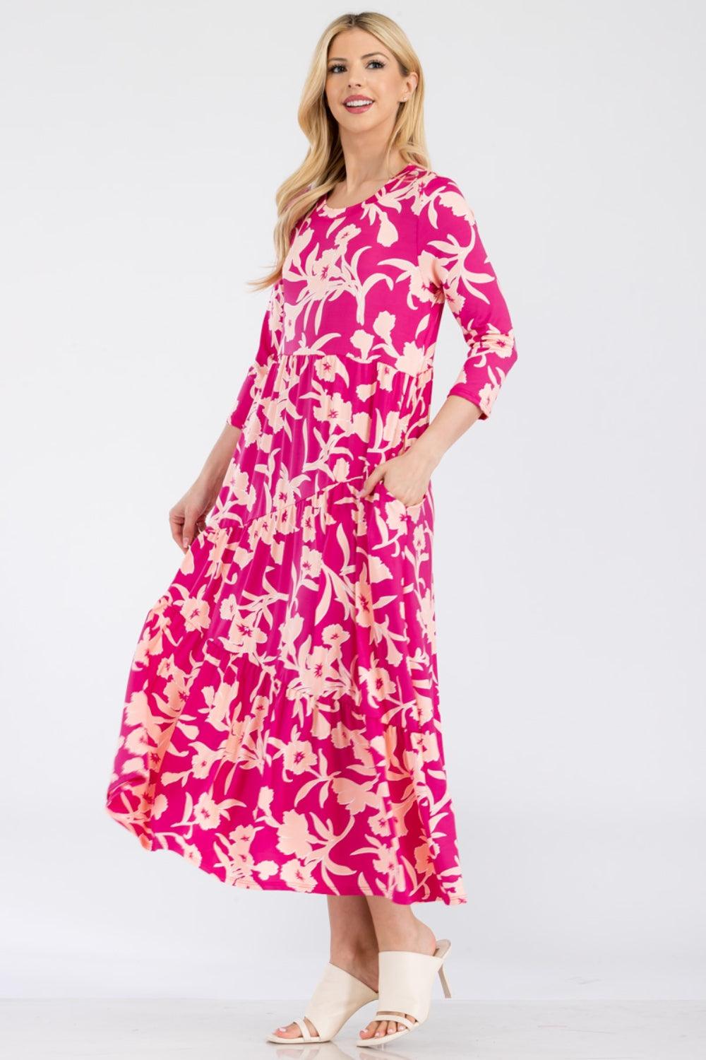 Celeste Full Size Floral Round Neck Ruffle Hem Dress Carauana Store