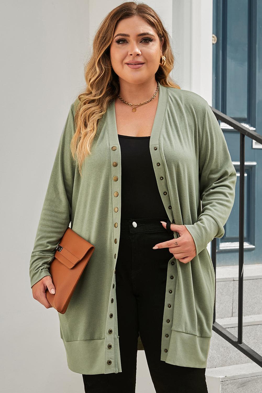 Snap Up V-Neck Long Sleeve Cardigan with Pockets Carauana Store
