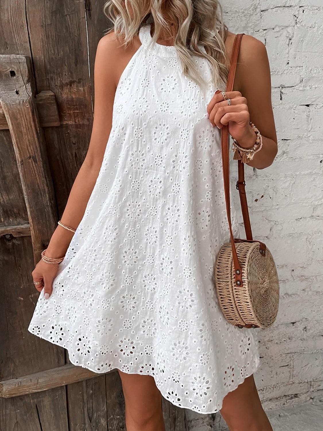 Eyelet Grecian Neck Mini Dress Carauana Store