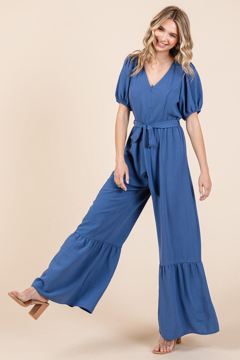 GeeGee Full Size V-Neck Belted Wide Leg Jumpsuit Carauana Store