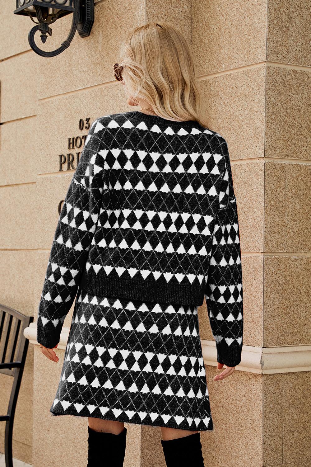Geometric Button Front Cardigan and Skirt Set Carauana Store
