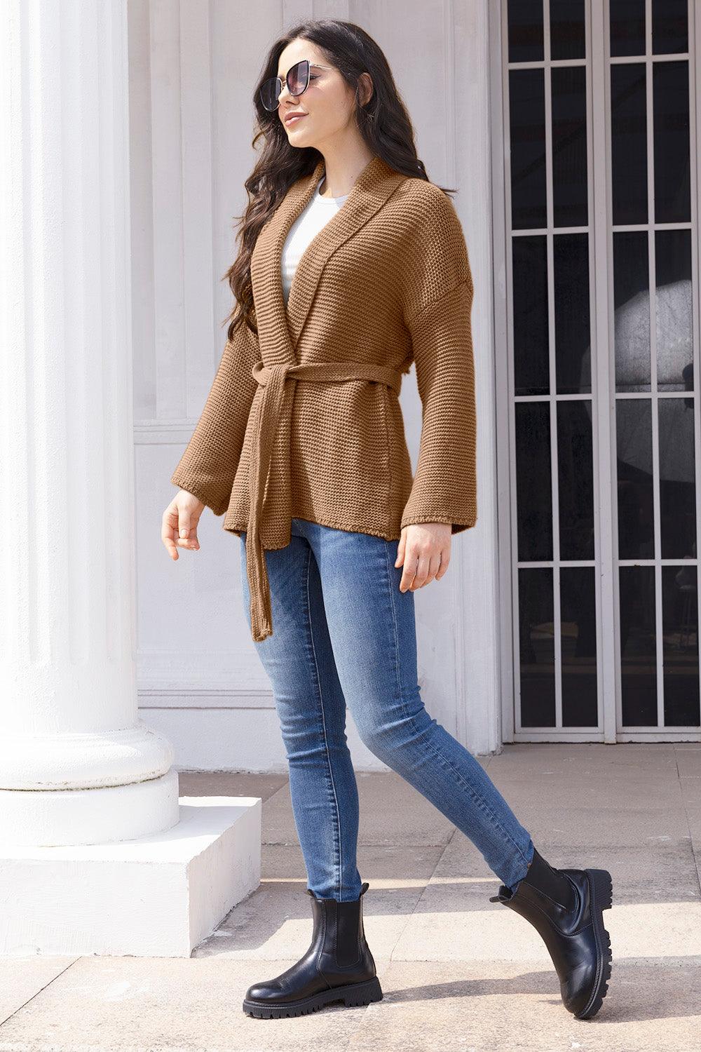 Tied Open Front Long Sleeve Cardigan Carauana Store