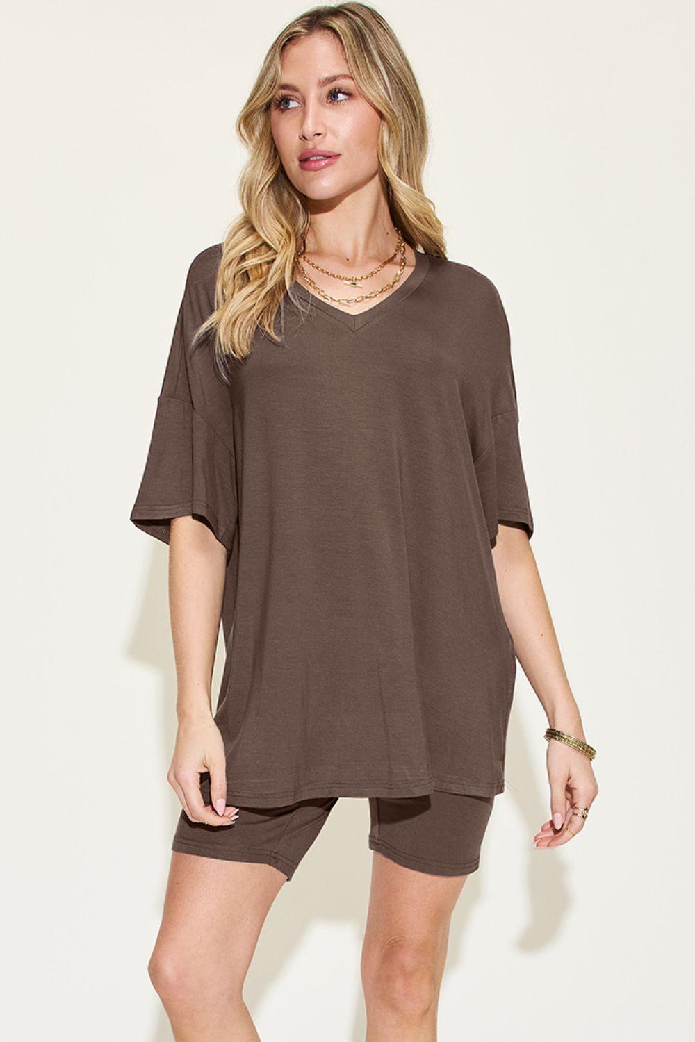 Basic Bae Full Size V-Neck Drop Shoulder Short Sleeve T-Shirt and Shorts Set Carauana Store