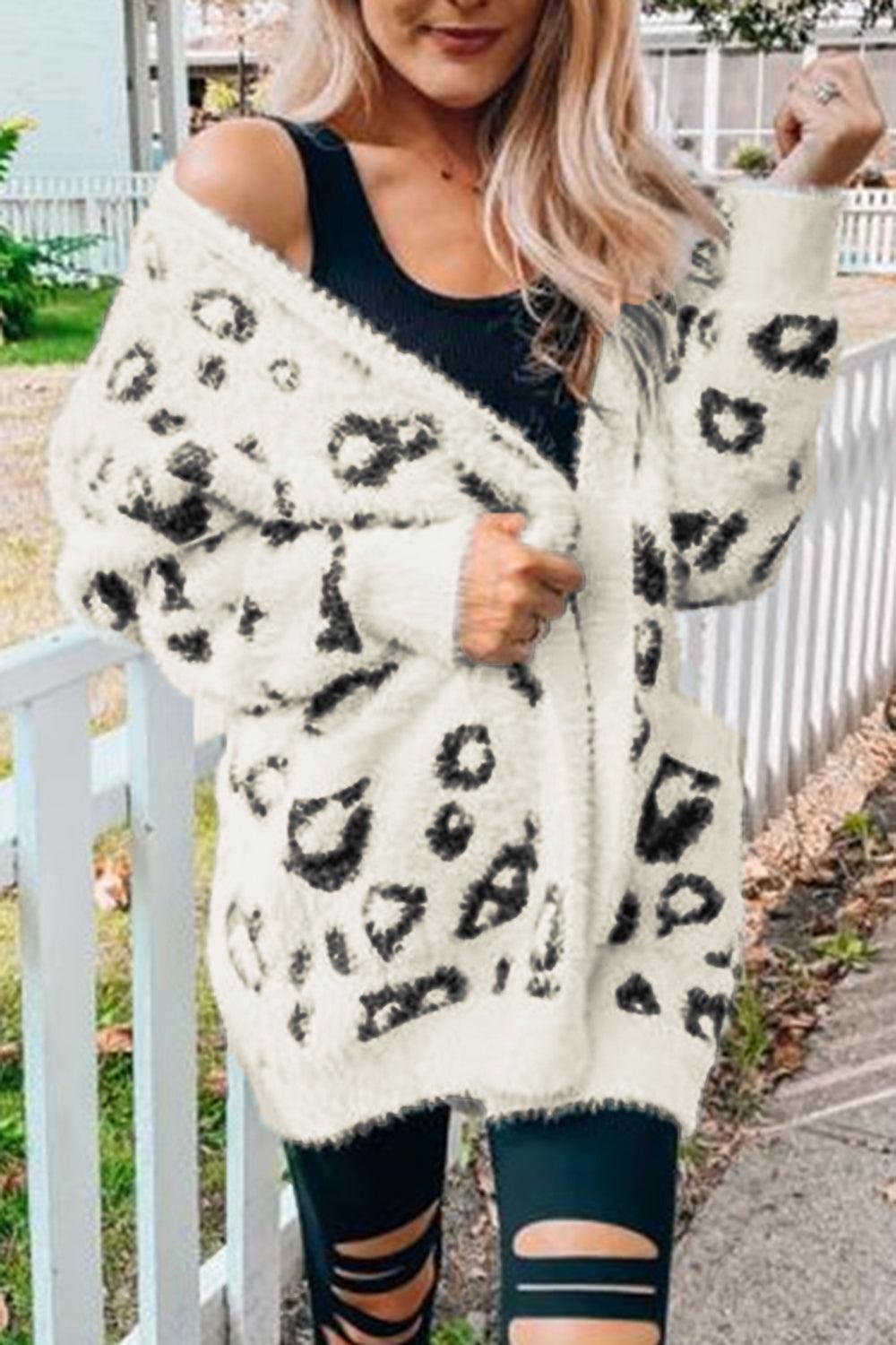 Leopard Open Front Cardigan with Pockets Carauana Store