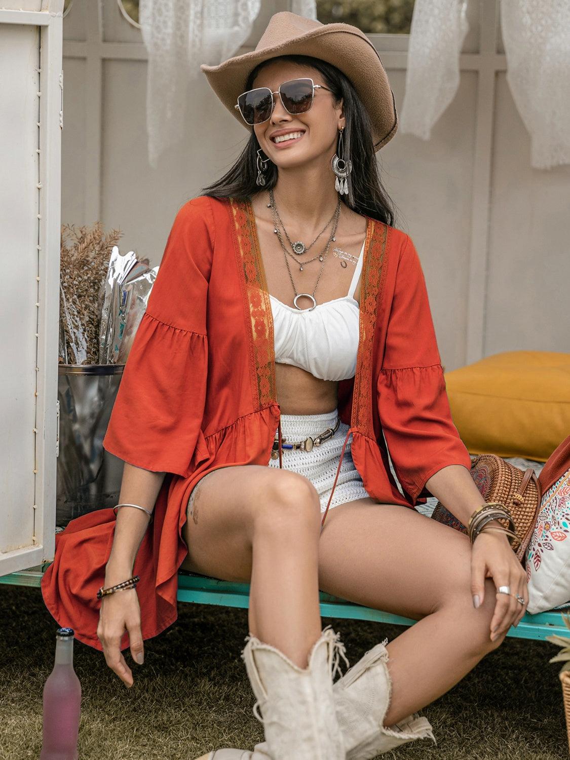Lace Detail Tied Dropped Shoulder Cover Up Carauana Store