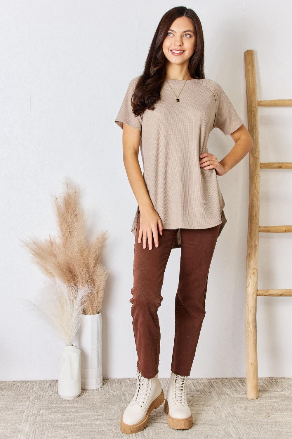 Zenana Baby Waffle Short Sleeve Slit High-Low T-Shirt Carauana Store