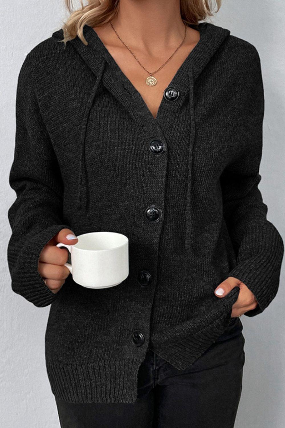 Drawstring Button Up Hooded Cardigan Carauana Store