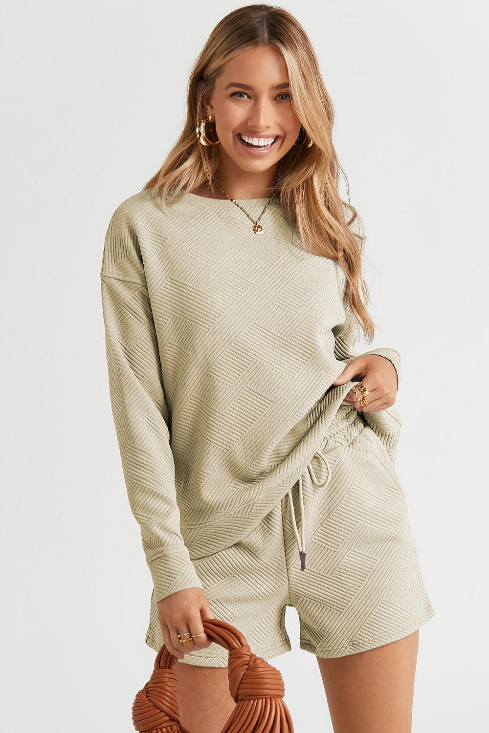 Double Take Full Size Texture Long Sleeve Top and Drawstring Shorts Set Carauana Store