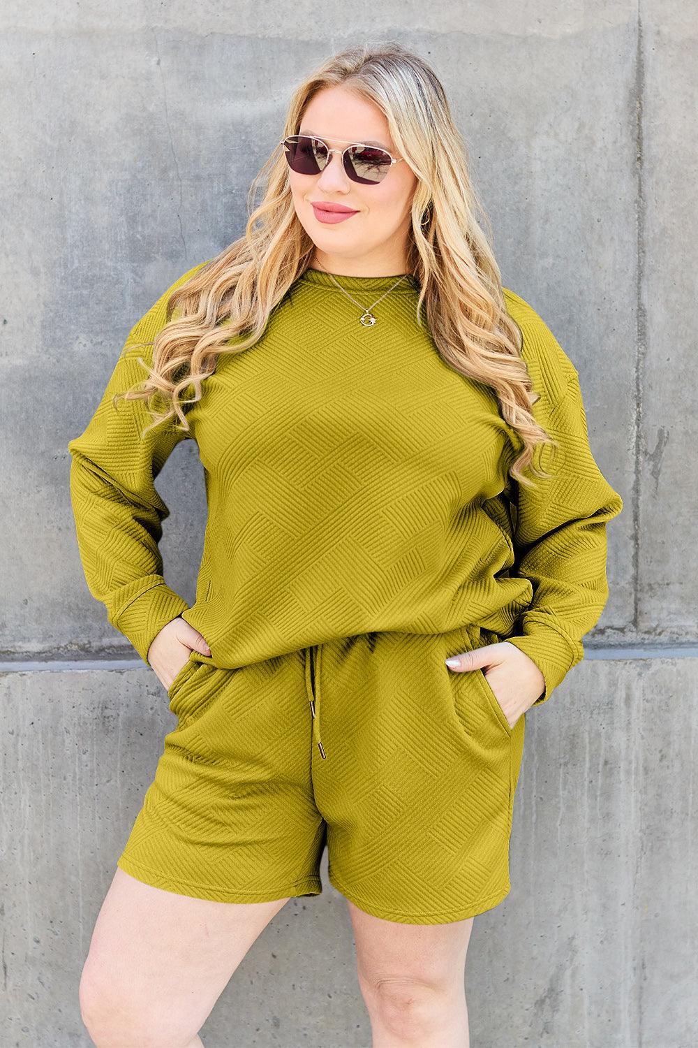 Double Take Full Size Texture Long Sleeve Top and Drawstring Shorts Set Carauana Store
