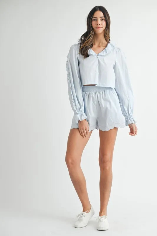 MABLE Long Sleeve Scallop Blouse and Shorts Set Carauana Store