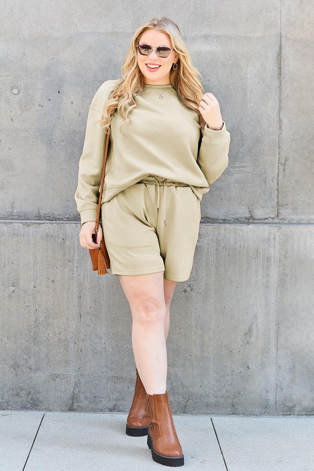 Double Take Full Size Texture Long Sleeve Top and Drawstring Shorts Set Carauana Store