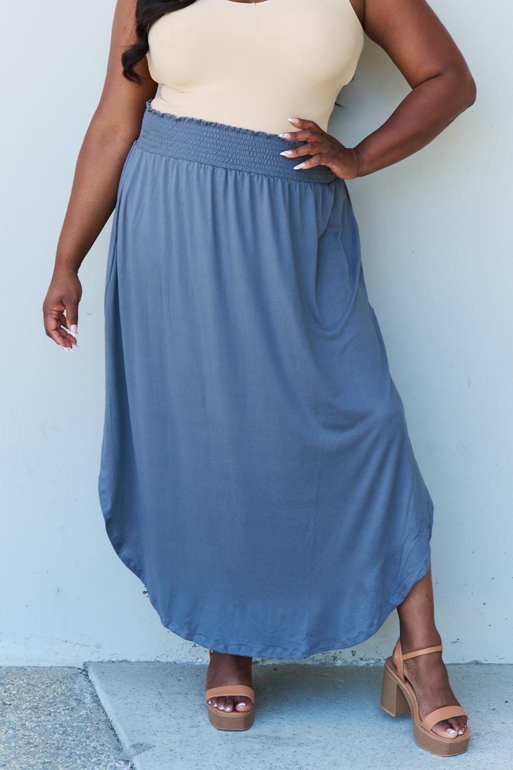 Doublju Comfort Princess Full Size High Waist Scoop Hem Maxi Skirt in Dusty Blue Carauana Store