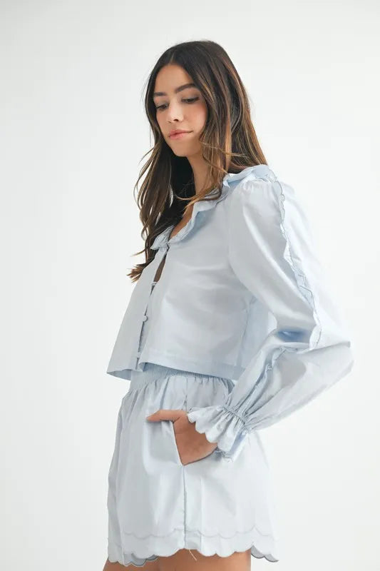 MABLE Long Sleeve Scallop Blouse and Shorts Set Carauana Store