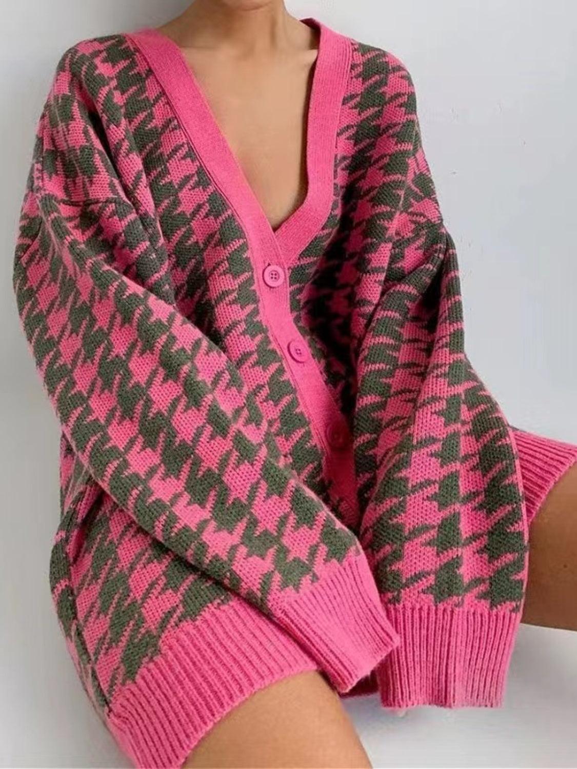 Houndstooth Button Up Long Sleeve Cardigan Carauana Store