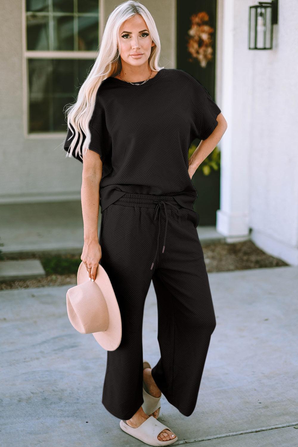 Double Take Full Size Texture Short Sleeve Top and Pants Set Carauana Store