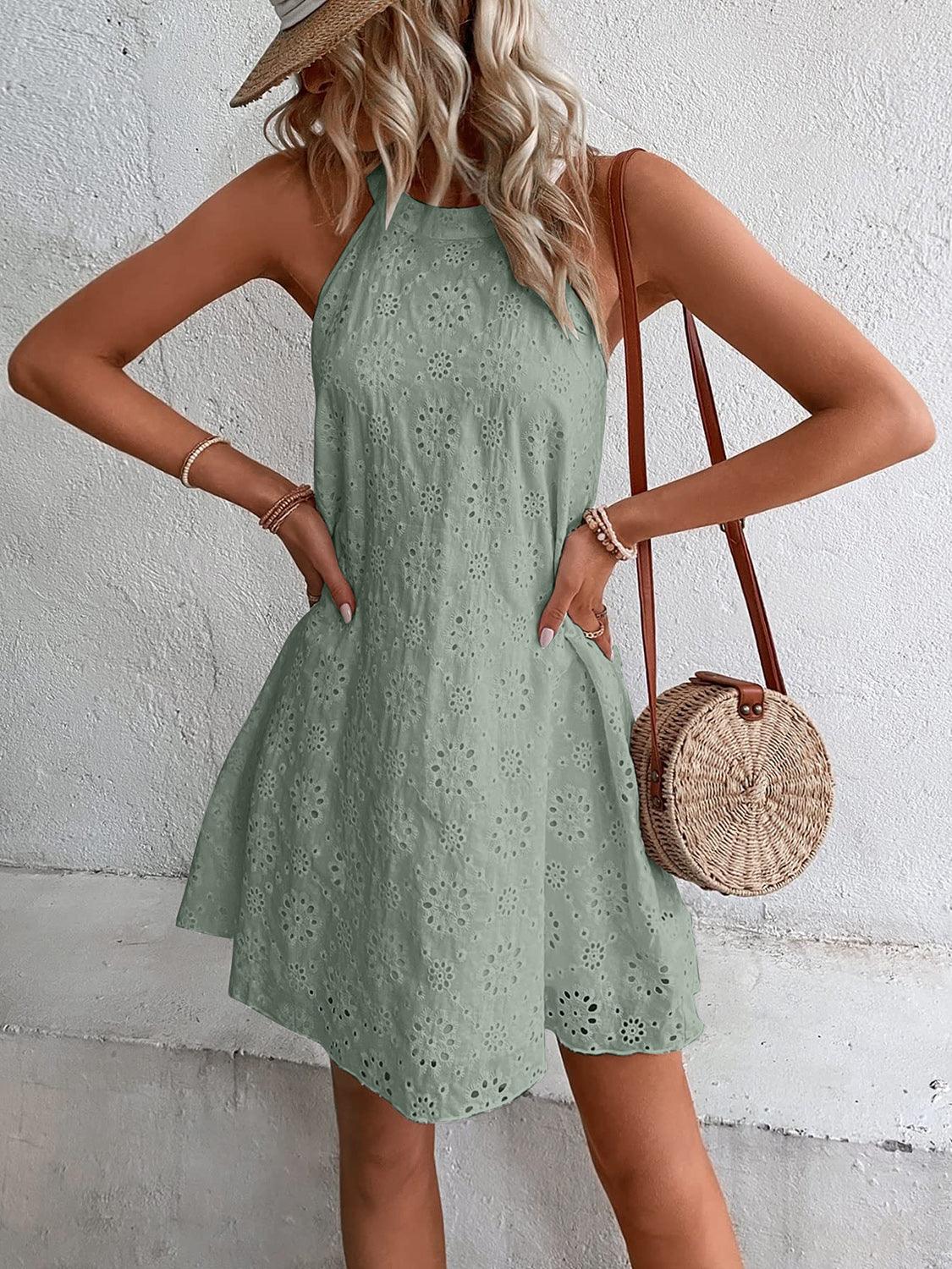 Eyelet Grecian Neck Mini Dress Carauana Store