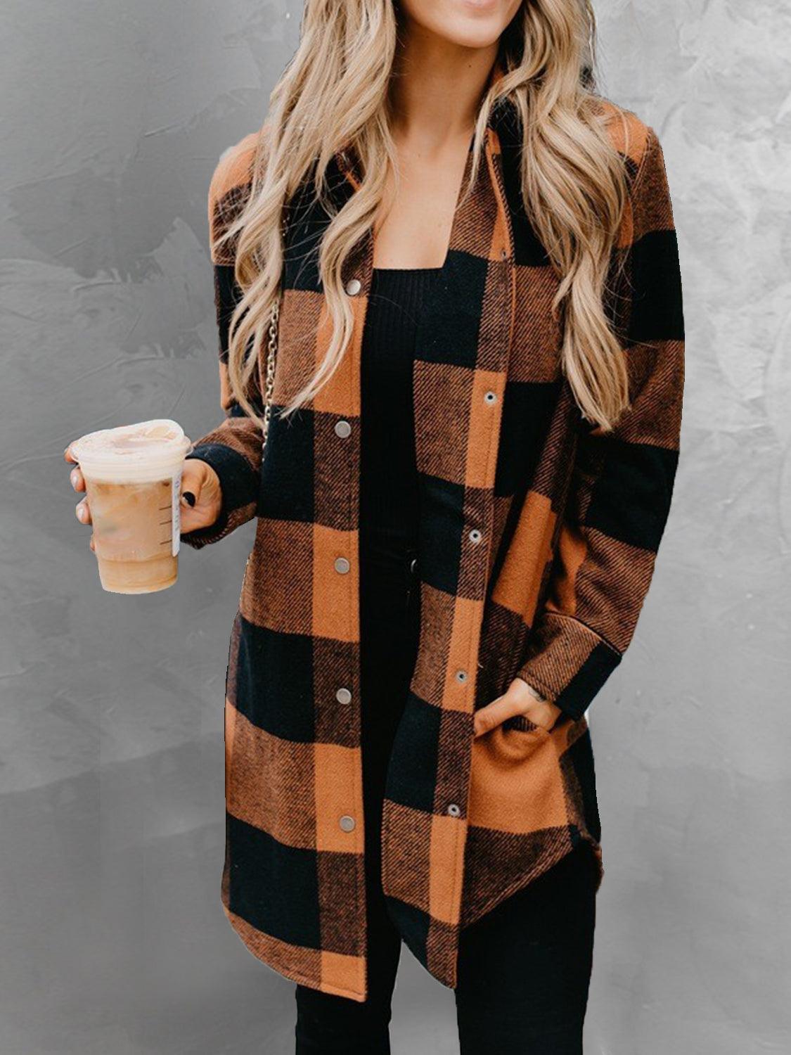Plaid Snap Down Long Sleeve Jacket Carauana Store