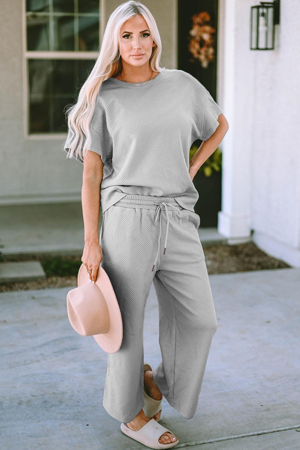 Double Take Full Size Texture Short Sleeve Top and Pants Set Carauana Store