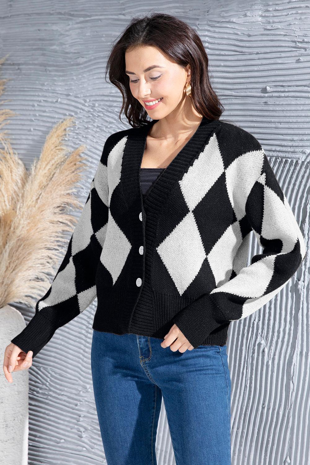 Geometric Button Up Dropped Shoulder Cardigan Carauana Store