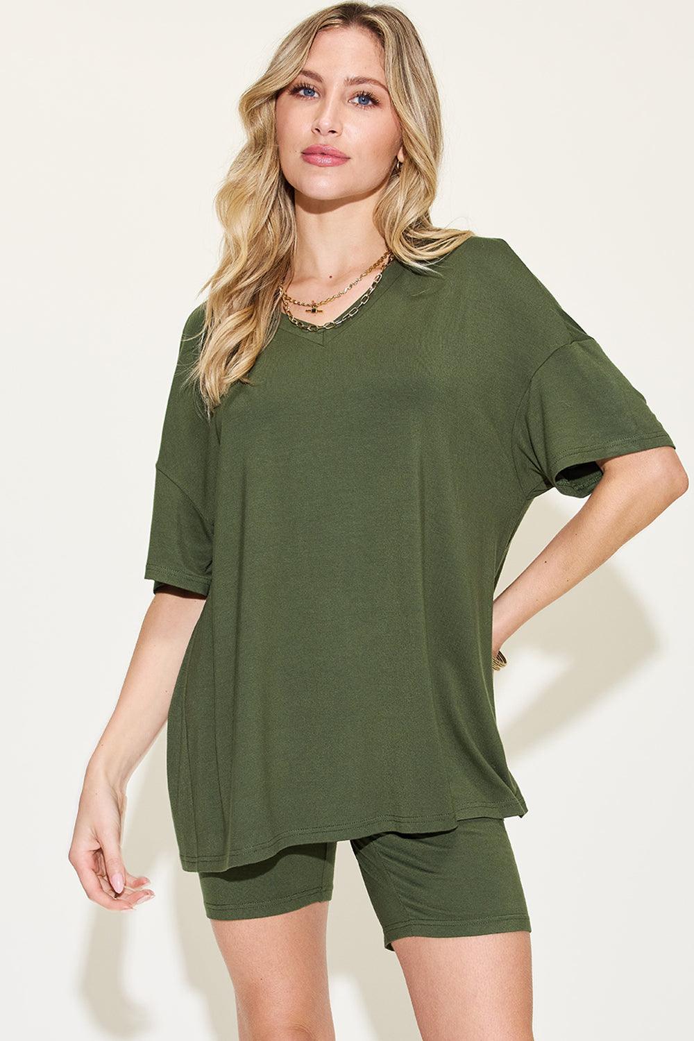 Basic Bae Full Size V-Neck Drop Shoulder Short Sleeve T-Shirt and Shorts Set Carauana Store