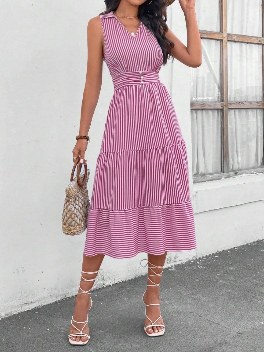 Striped Johnny Collar Sleeveless Midi Dress Carauana Store