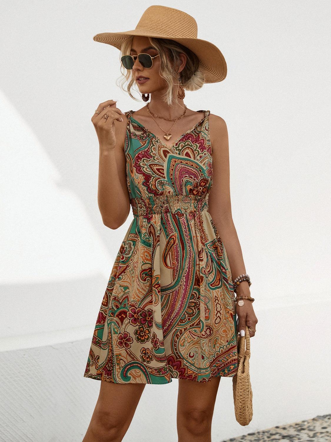 Smocked Printed V-Neck Mini Dress Carauana Store