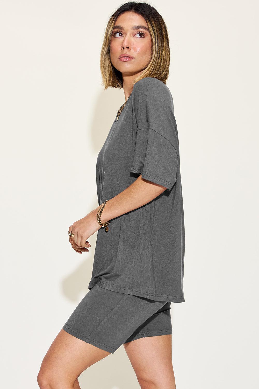 Basic Bae Full Size V-Neck Drop Shoulder Short Sleeve T-Shirt and Shorts Set Carauana Store