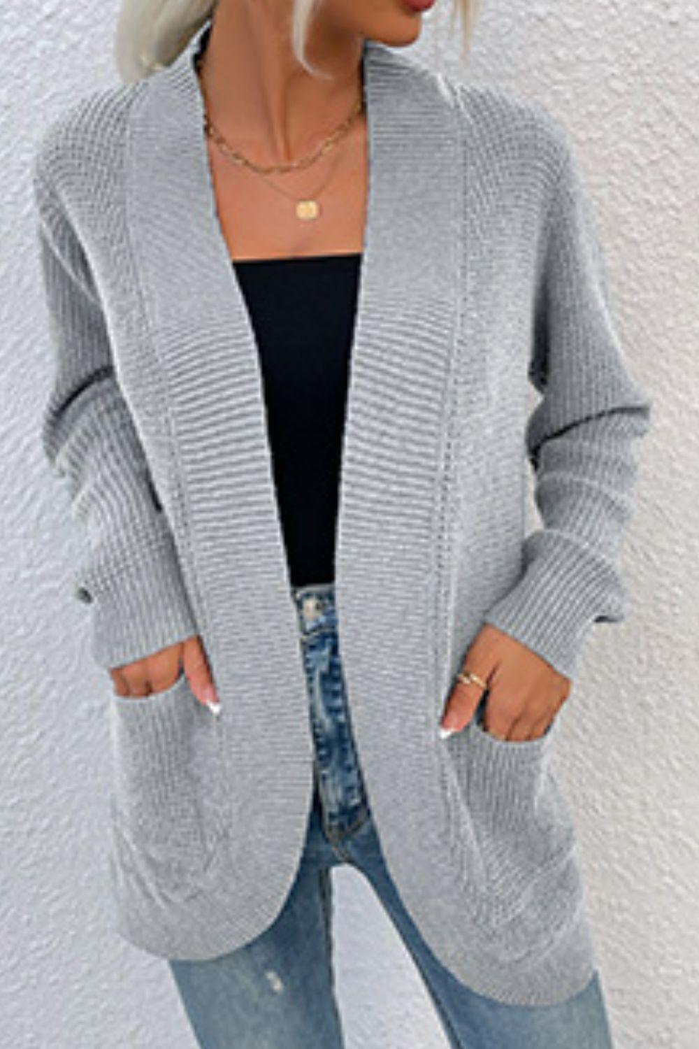 Open Front Rib-Knit Cardigan with Pockets Carauana Store