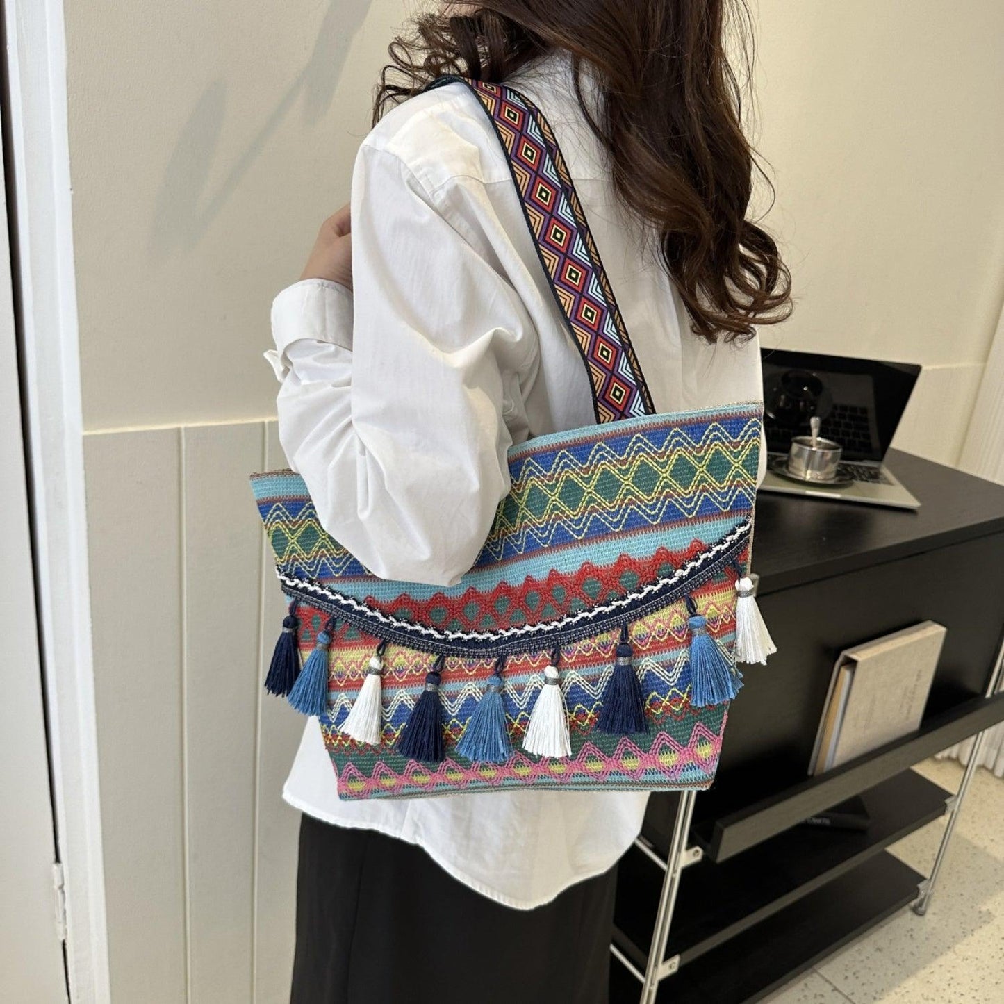 Printed Tassel Detail Tote Bag Carauana Store