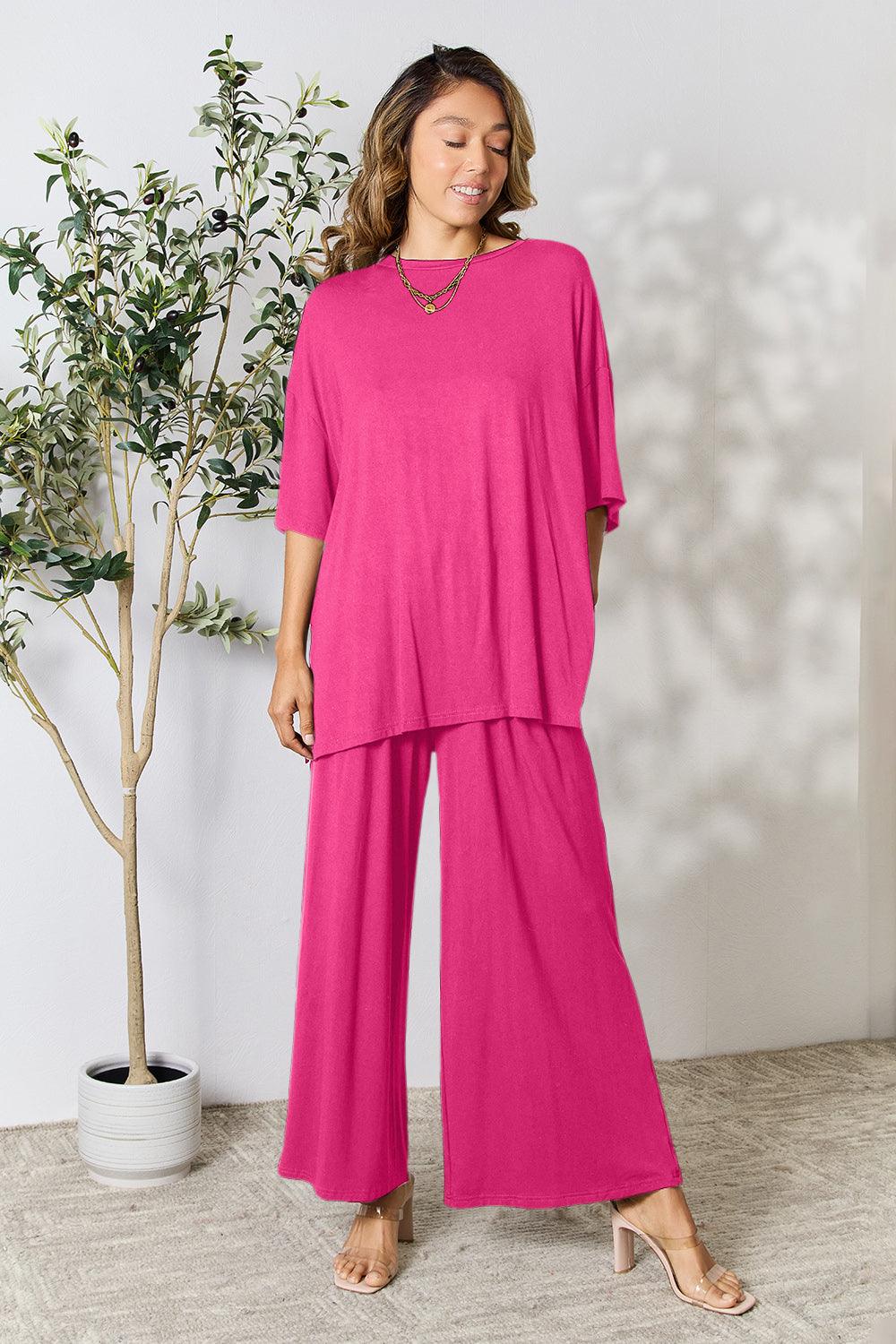 Double Take Full Size Round Neck Slit Top and Pants Set Carauana Store
