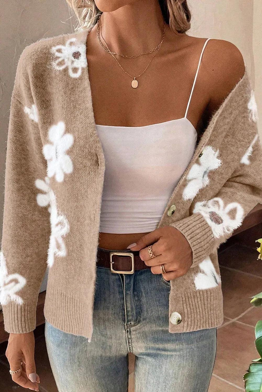 Flower Button Up Long Sleeve Cardigan Carauana Store