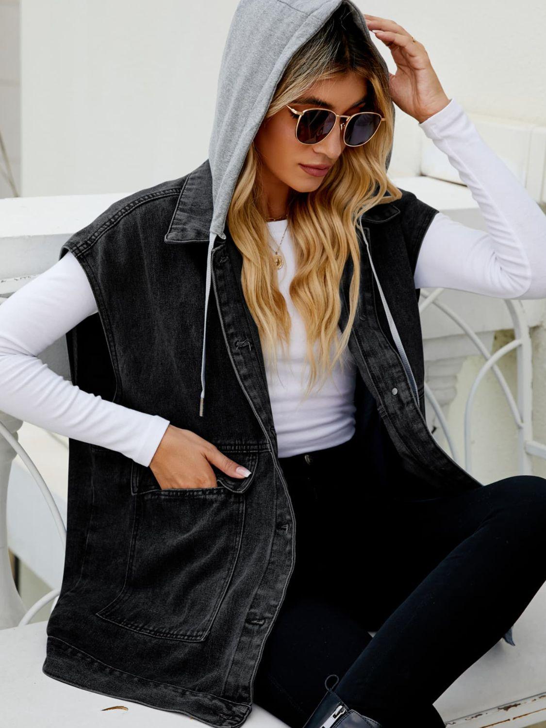 Hooded Sleeveless Denim Top with Pockets Carauana Store