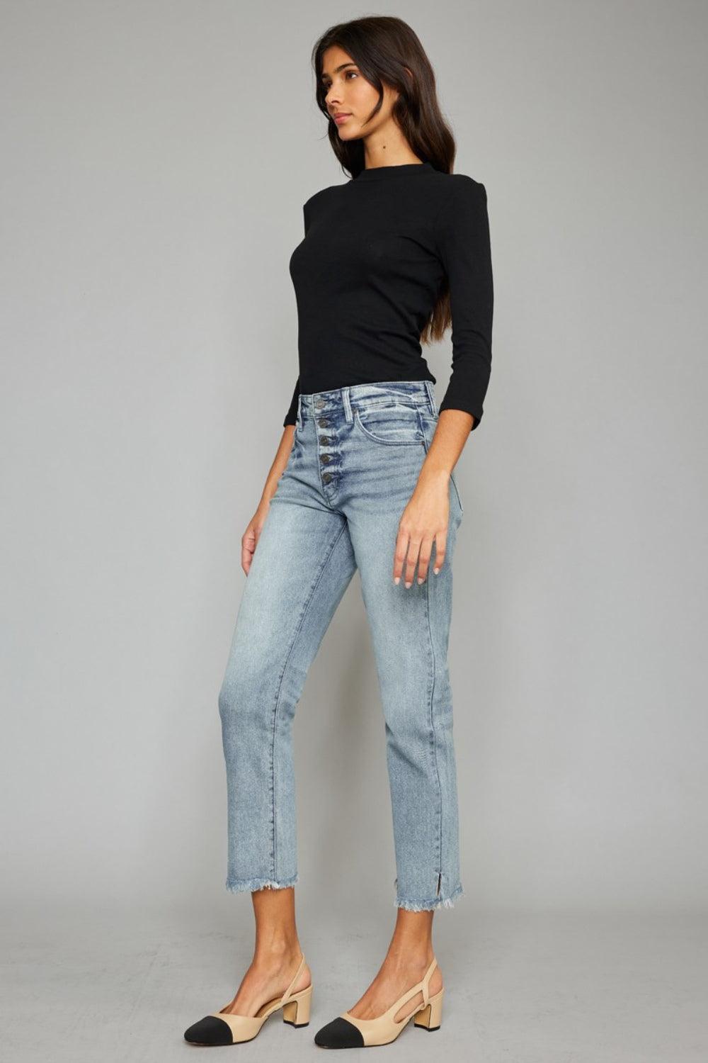 Kancan High Waist Button Fly Raw Hem Cropped Straight Jeans Carauana Store