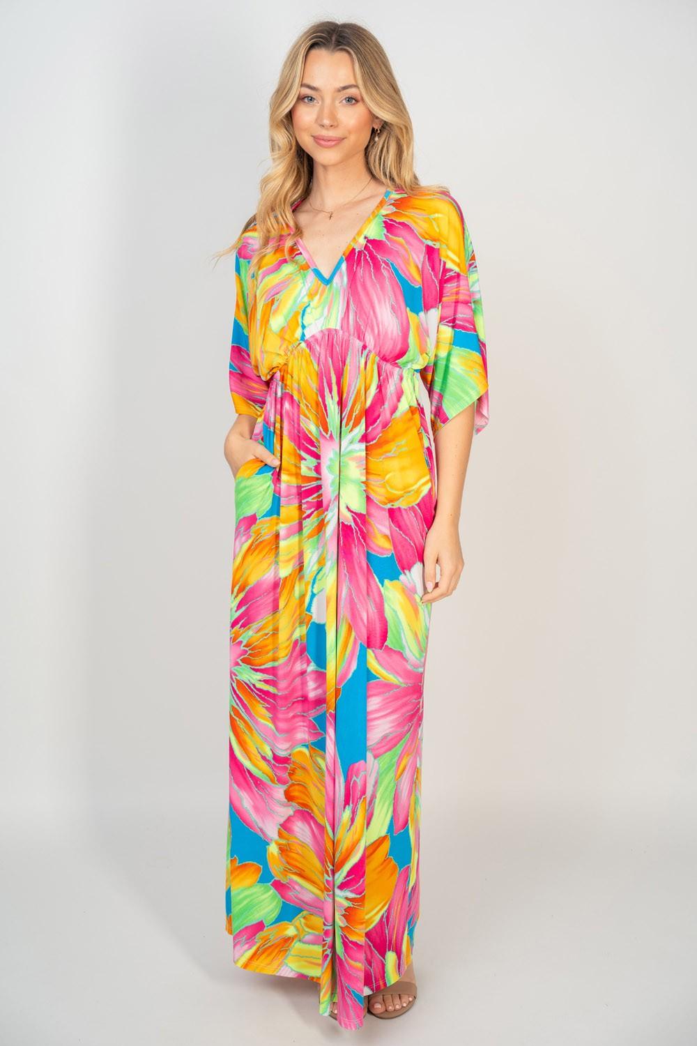 White Birch Printed V-Neck Maxi Dress with Pockets Carauana Store
