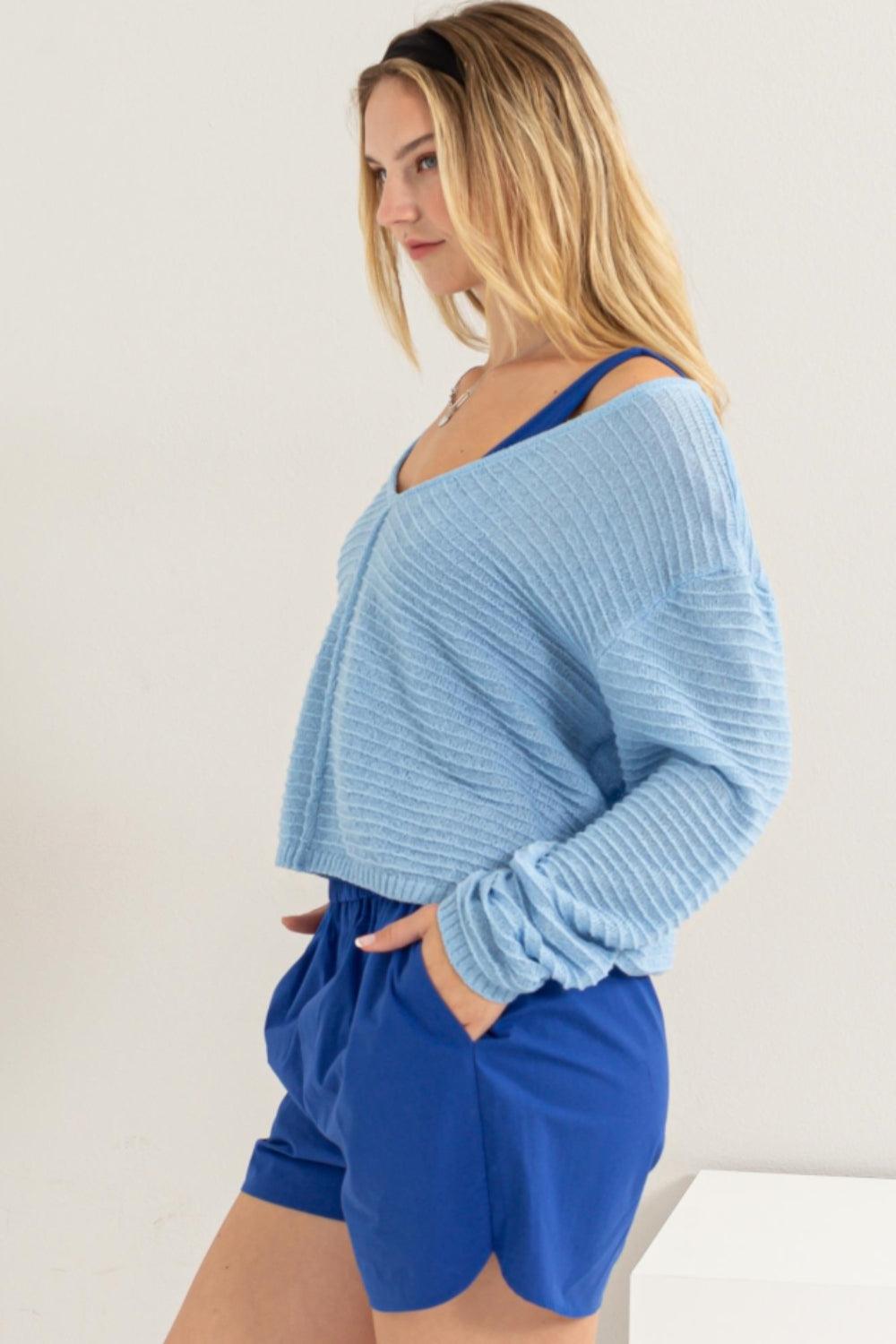 HYFVE V-Neck Stripe Texture Long Sleeve Top Carauana Store