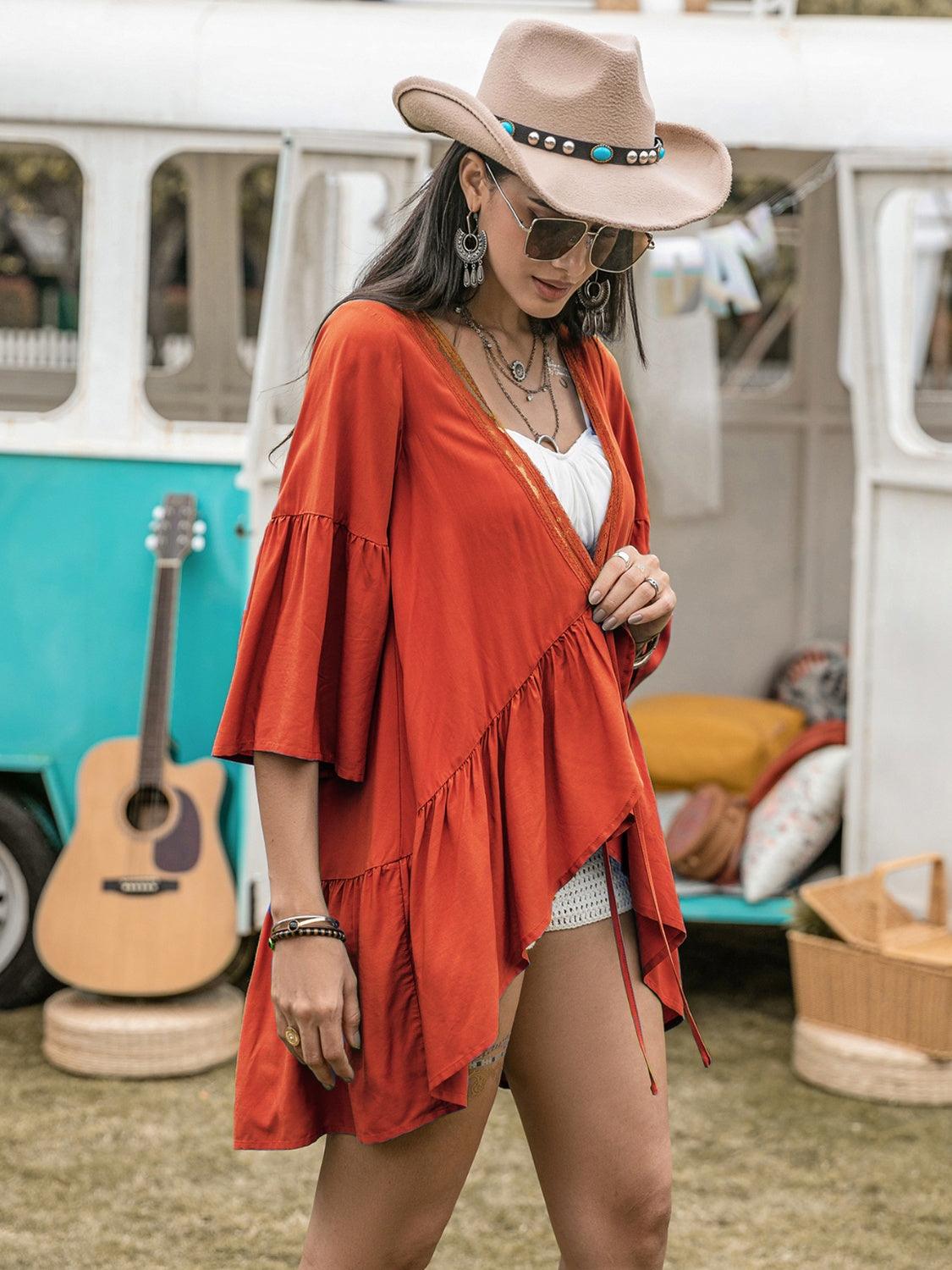 Lace Detail Tied Dropped Shoulder Cover Up Carauana Store