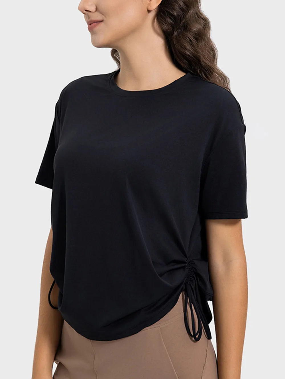 Millennia Drawstring Round Neck Short Sleeve Active T-Shirt Carauana Store