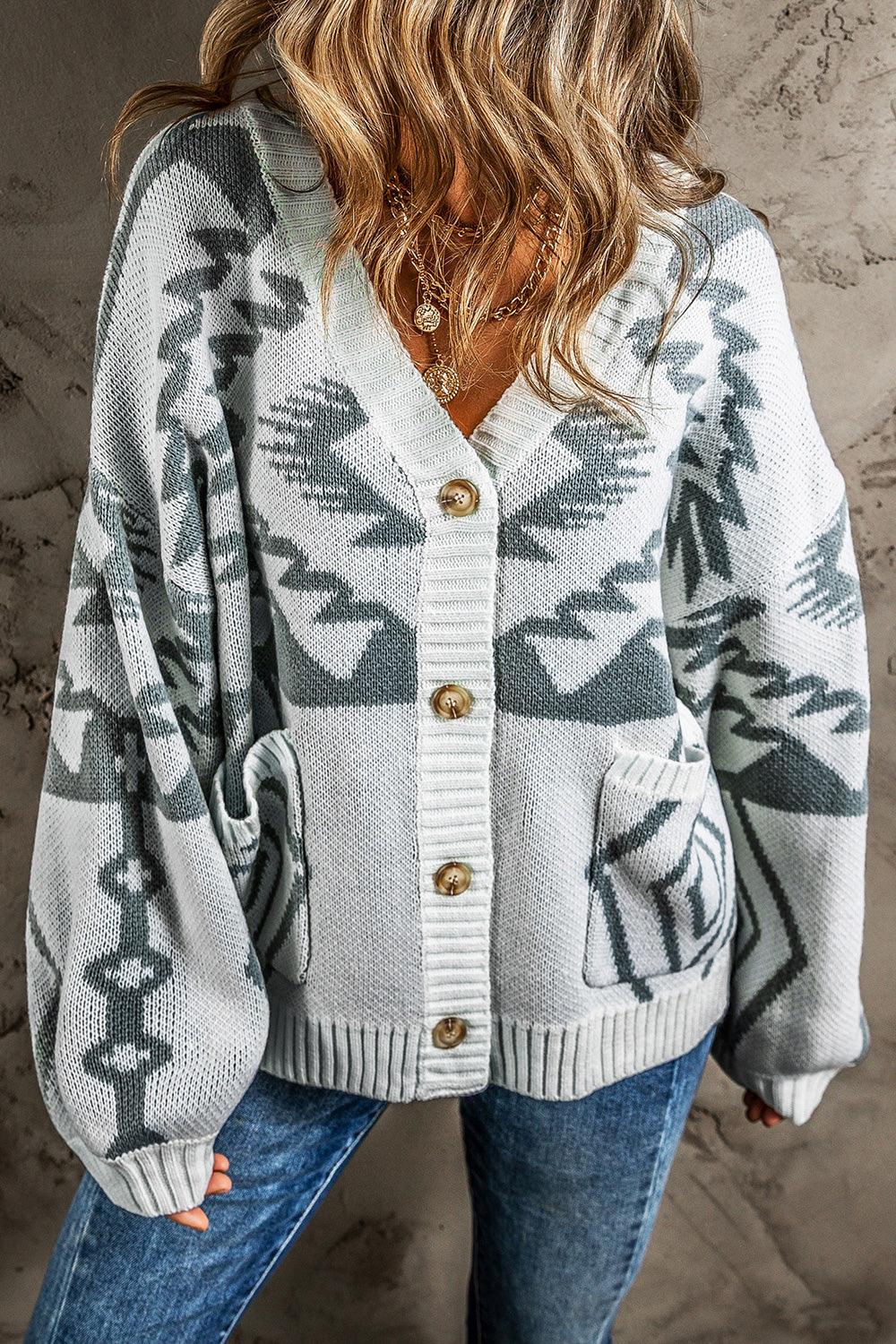 Printed Button Up V-Neck Long Sleeve Cardigan Carauana Store