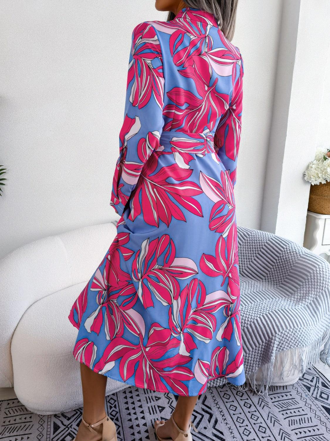 Tied Button Up Long Sleeve Dress Carauana Store