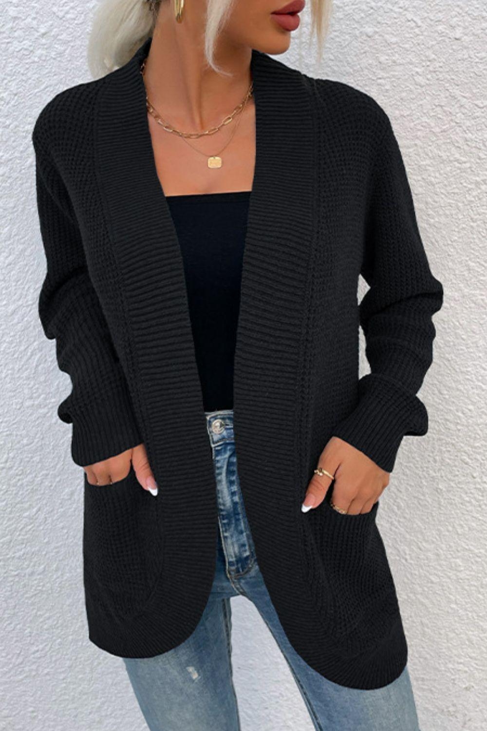 Open Front Rib-Knit Cardigan with Pockets Carauana Store