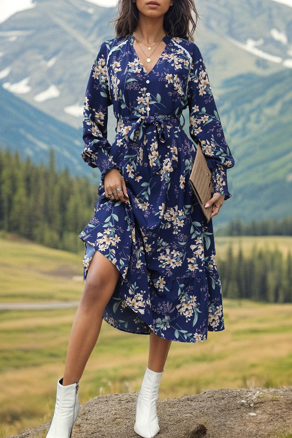 Printed Notched Lantern Sleeve Midi Dress Carauana Store