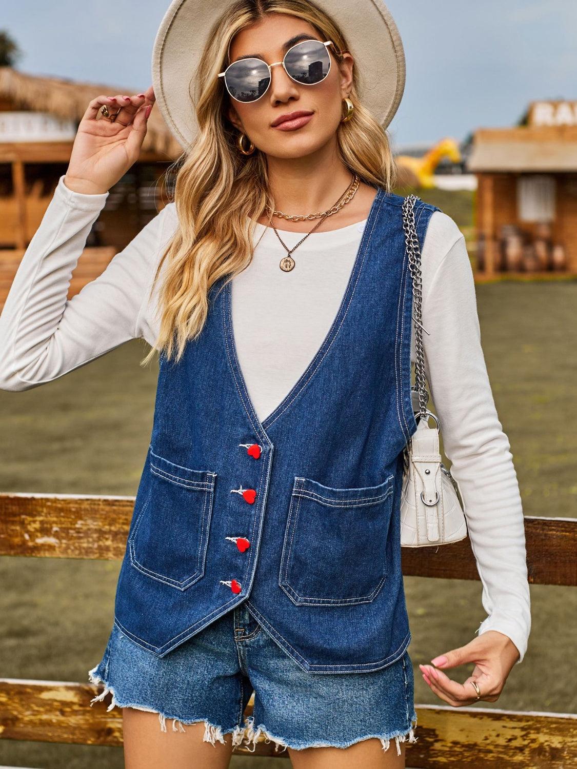 Pocketed Button Up Sleeveless Denim Jacket Carauana Store