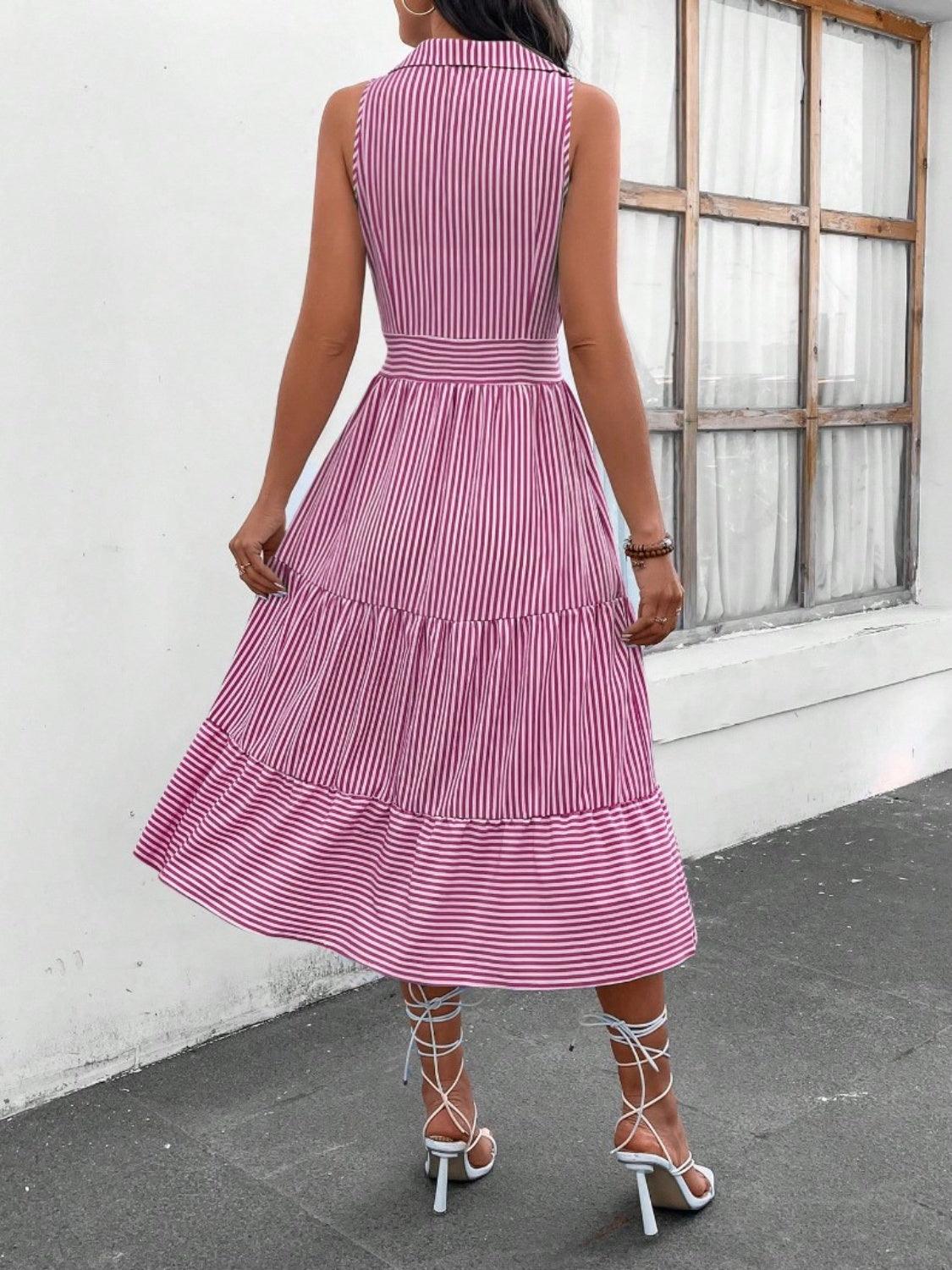 Striped Johnny Collar Sleeveless Midi Dress Carauana Store
