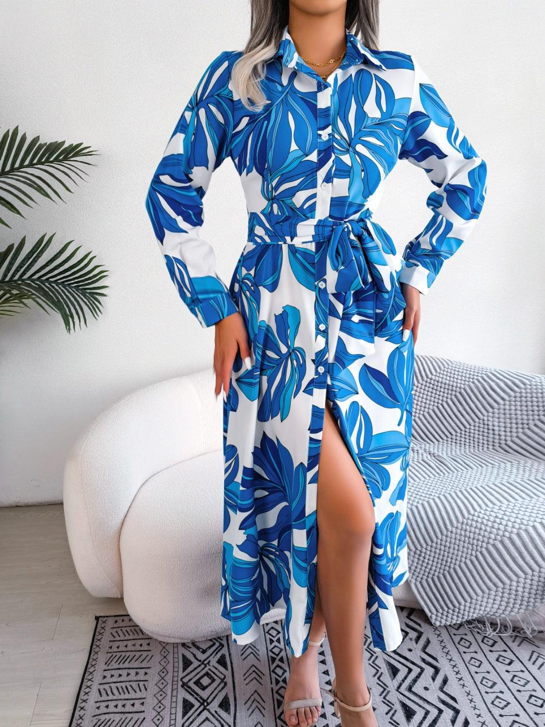Tied Button Up Long Sleeve Dress Carauana Store