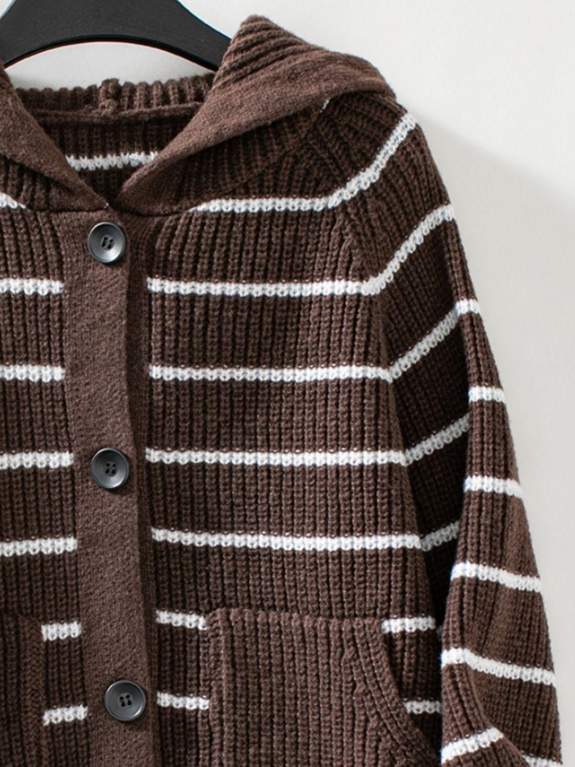 Striped Button Up Long Sleeve Hooded Cardigan Carauana Store