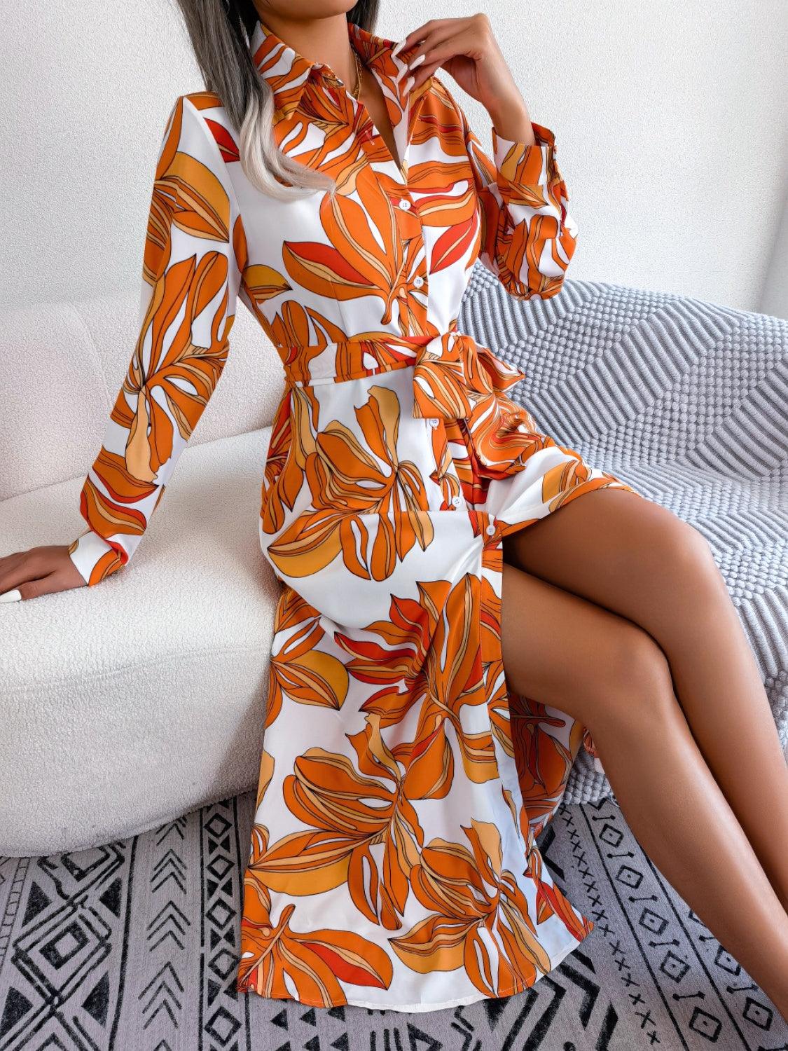 Tied Button Up Long Sleeve Dress Carauana Store