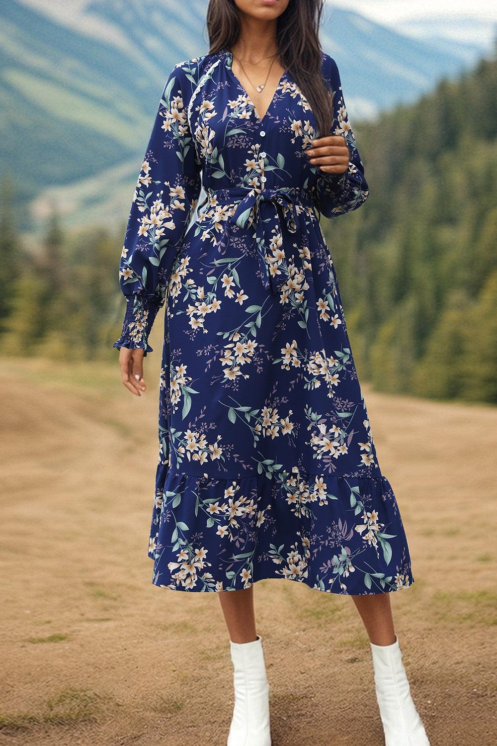 Printed Notched Lantern Sleeve Midi Dress Carauana Store